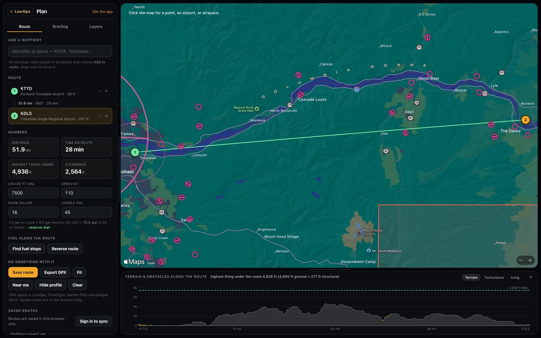 LowOps Plan in the browser: a route from Portland-Troutdale to The Dalles across the Columbia Gorge, with distance, time en route, the highest thing under the route and clearance beside it, obstacles marked across the map, and a terrain profile along the bottom.
