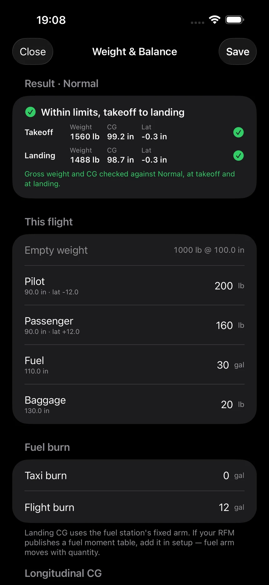 A LowOps weight and balance result: within limits from takeoff to landing, with weight, CG and lateral CG checked at both ends.