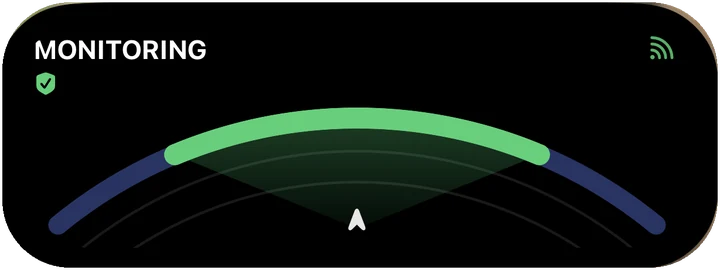 LowOps's Dynamic Island widget monitoring quietly: a green arc, nothing ahead.